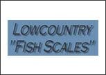 A blue banner with the words lowcountry fish scales written in black.